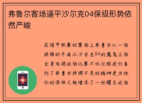 弗鲁尔客场逼平沙尔克04保级形势依然严峻