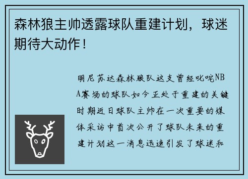 森林狼主帅透露球队重建计划，球迷期待大动作！